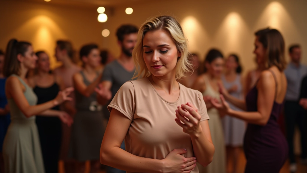 Žena středního věku tančící salsu s viditelnou fyzickou aktivitou a joyem