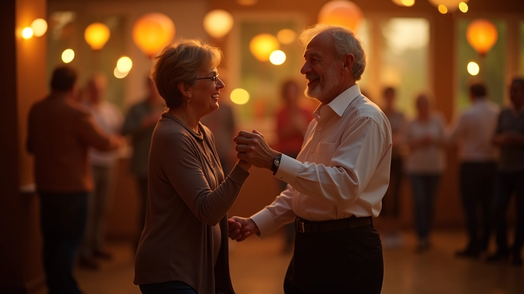 Starší muž a žena tančí waltz. Muž má ruku na zádech ženy, oba se usmívají. Pozadí je rozmazané, vidět je jemné osvětlení.